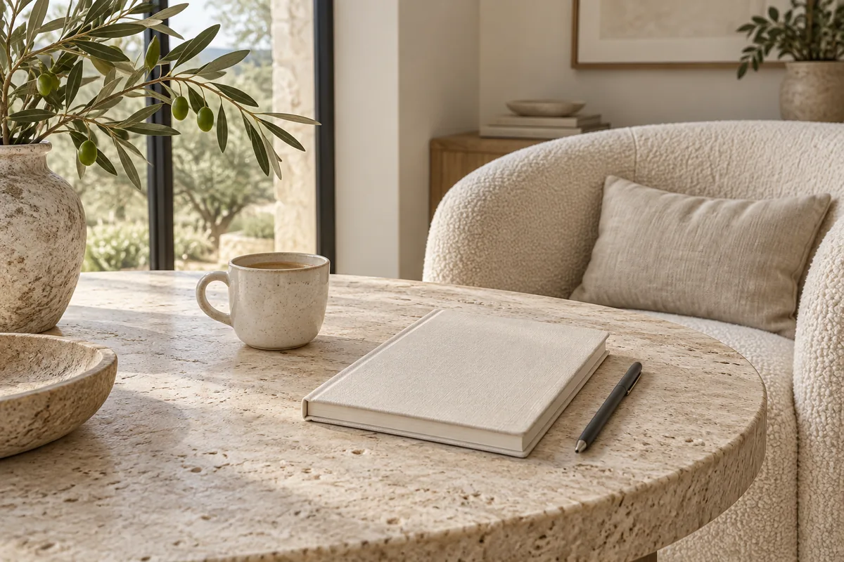 A notebook, a pen and a cup of coffee on a stone side table beside an armchair