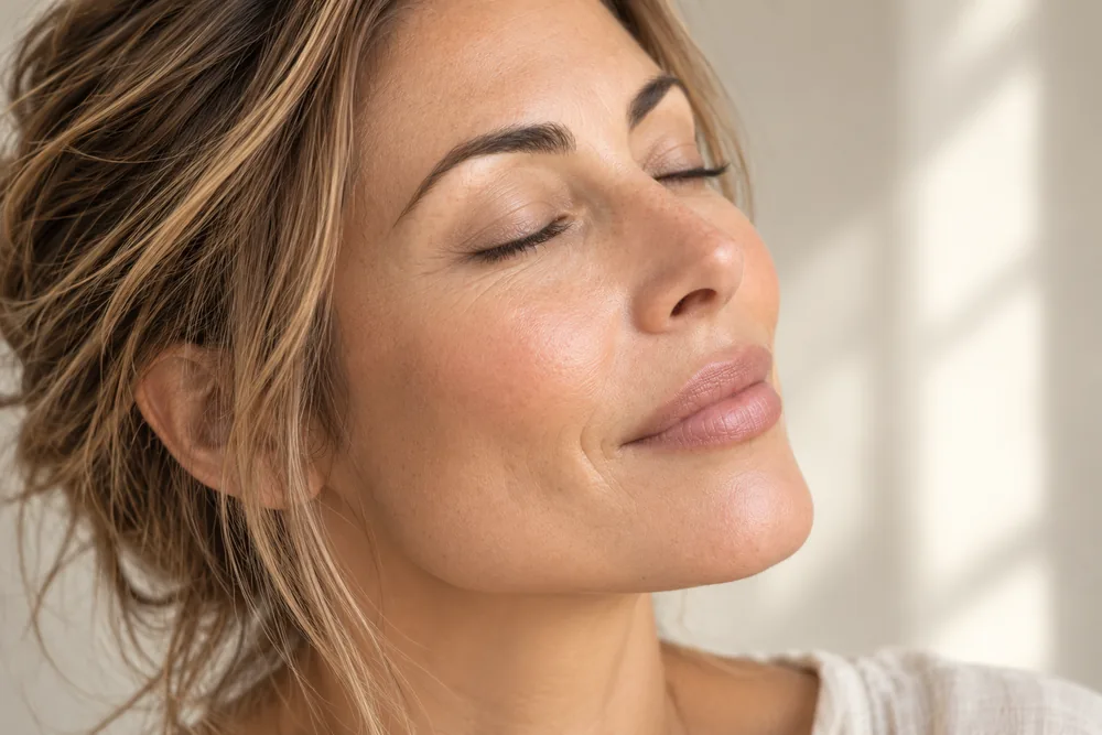 A woman with her eyes closed, resting in soft window light