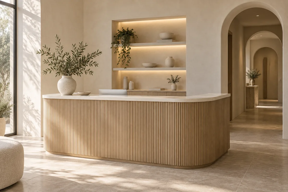 The reception desk, with an olive branch in a stone vase and lit shelves beyond an archway