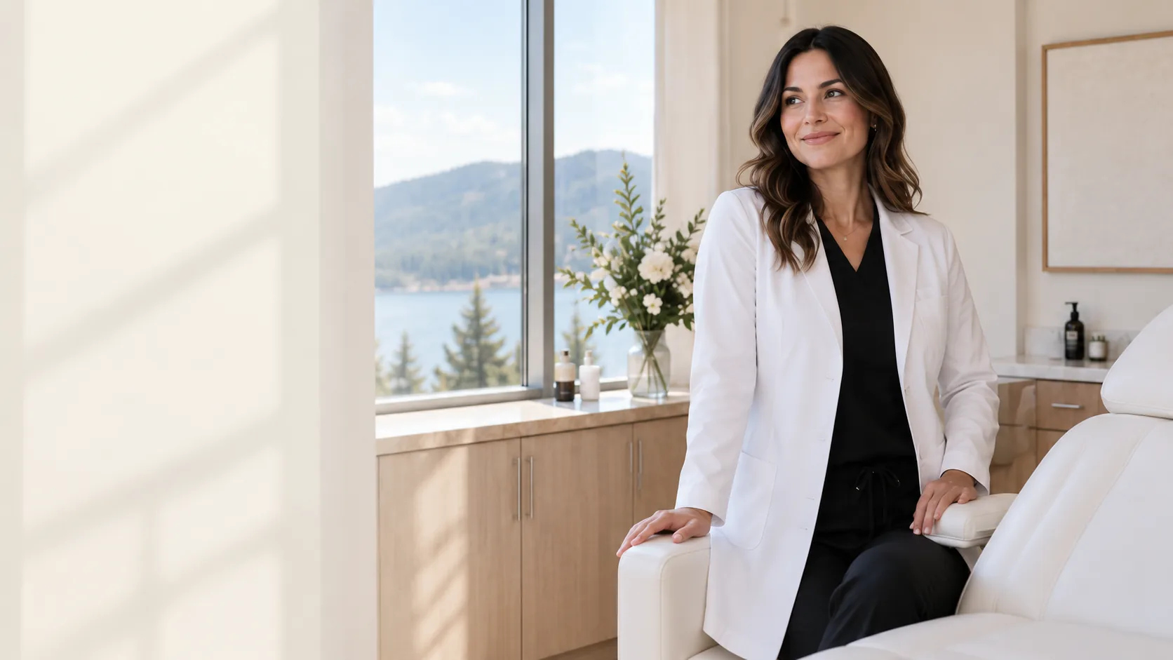 A practitioner in a white coat in a bright treatment room, with the lake and mountains through the window
