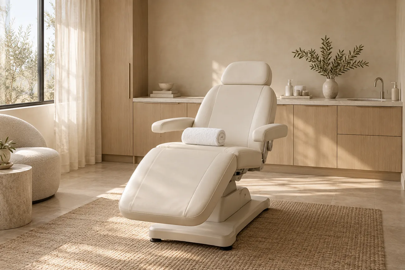 A treatment bed with a rolled towel in a sunlit treatment room