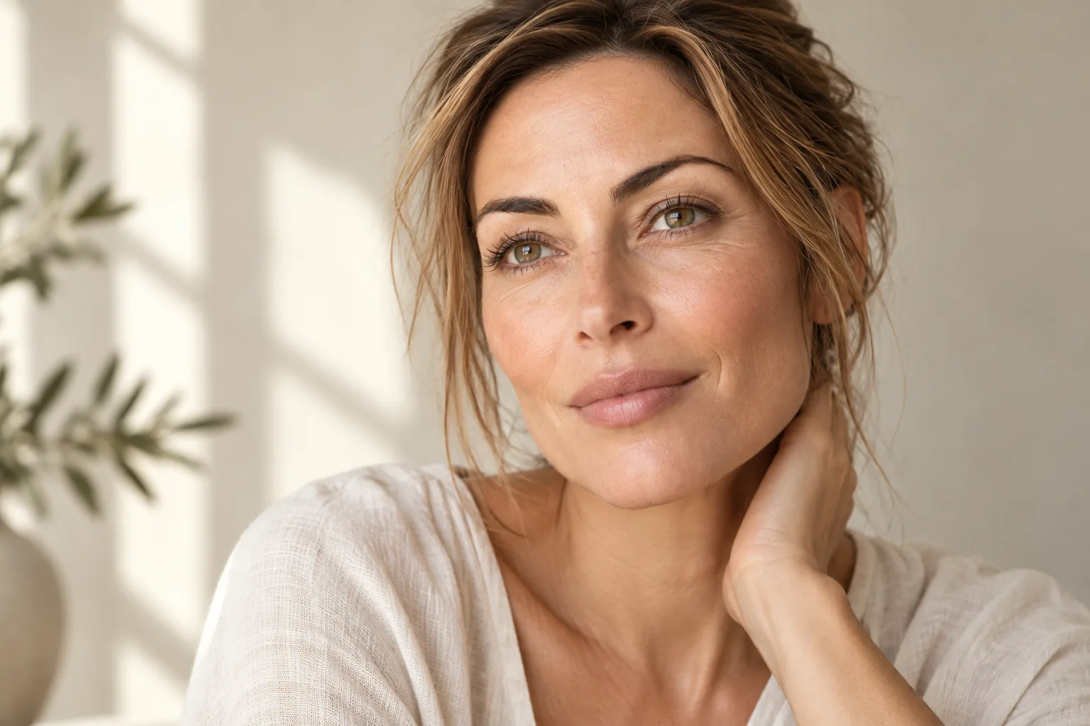 A woman in soft window light with olive leaves beside her, her eyes and cheekbones in focus